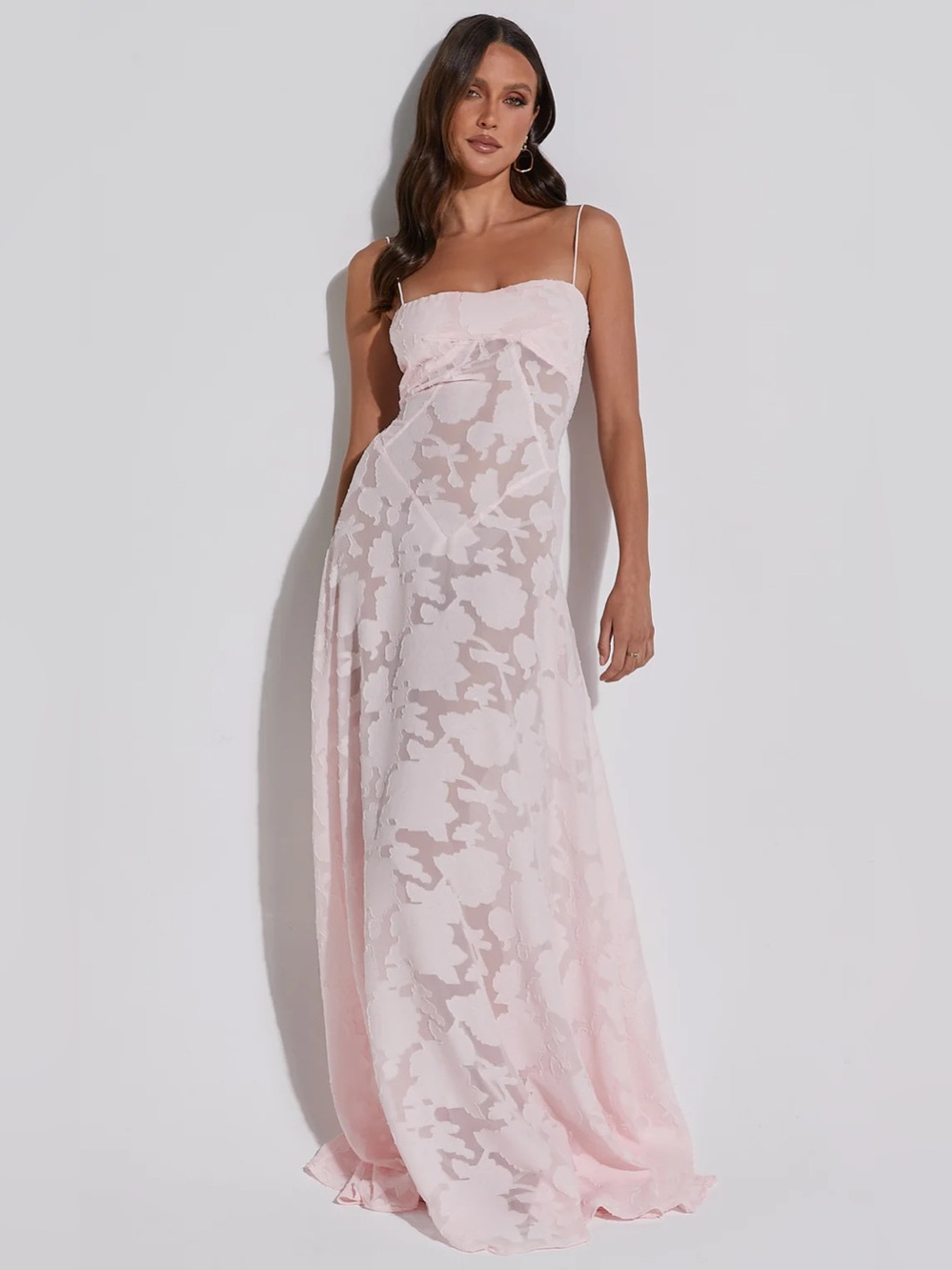 NWOT Showpo “Lily Maxi Dress - Sheer Jacquard Maxi in Pink” HOUSE OF CB DUPE**